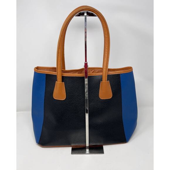 Neiman Marcus Blue Black Tan Faux Leather Colorblock Stripe Tote Bag Purse - Picture 2 of 13
